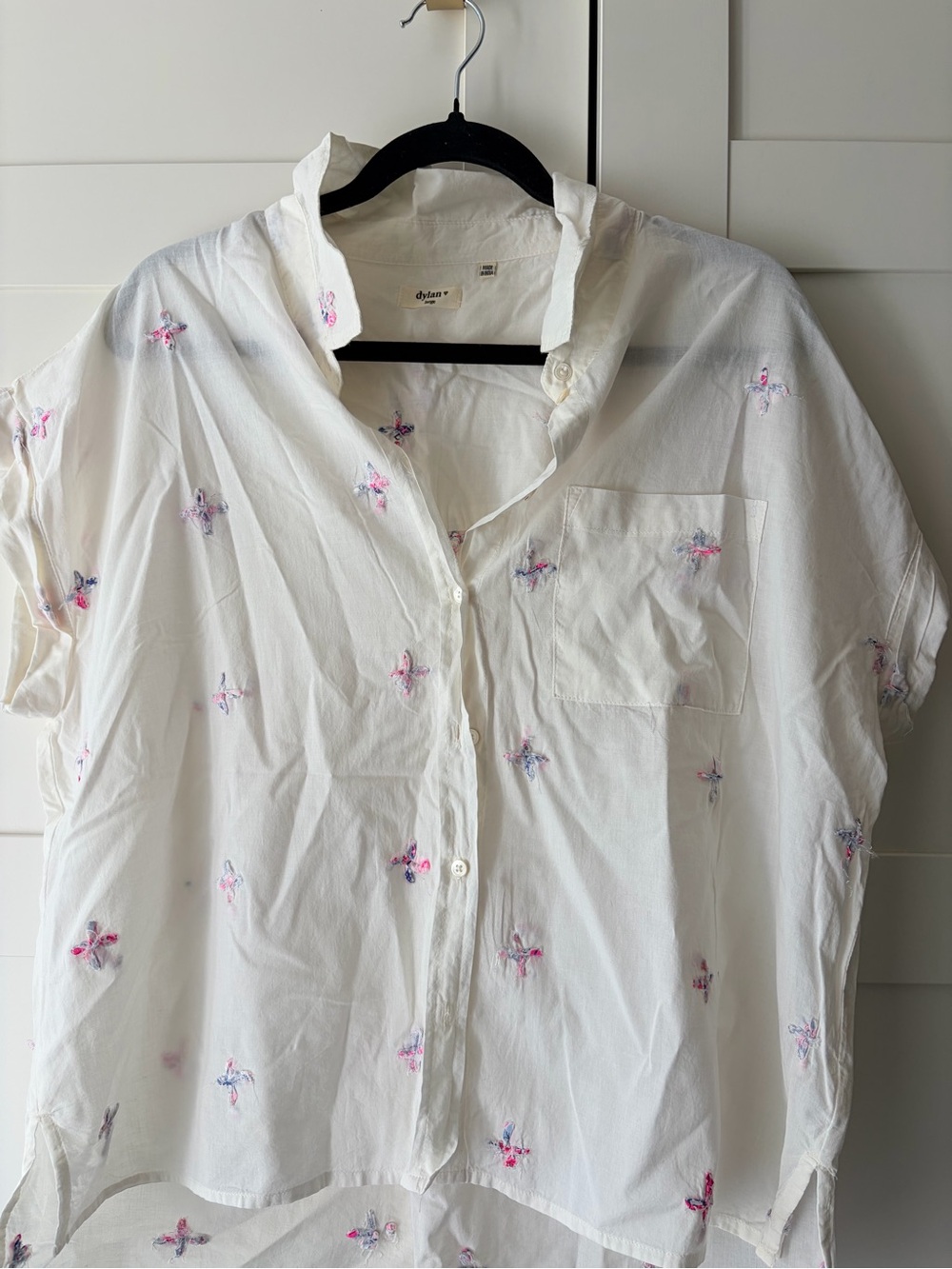 dylan White Button-Up Top with Pink & Blue Embroidery